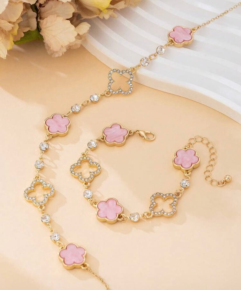 Elegant Sweet Four Leaf Clover Necklace & Bracelet Set Lucky Charm Jewelry Set