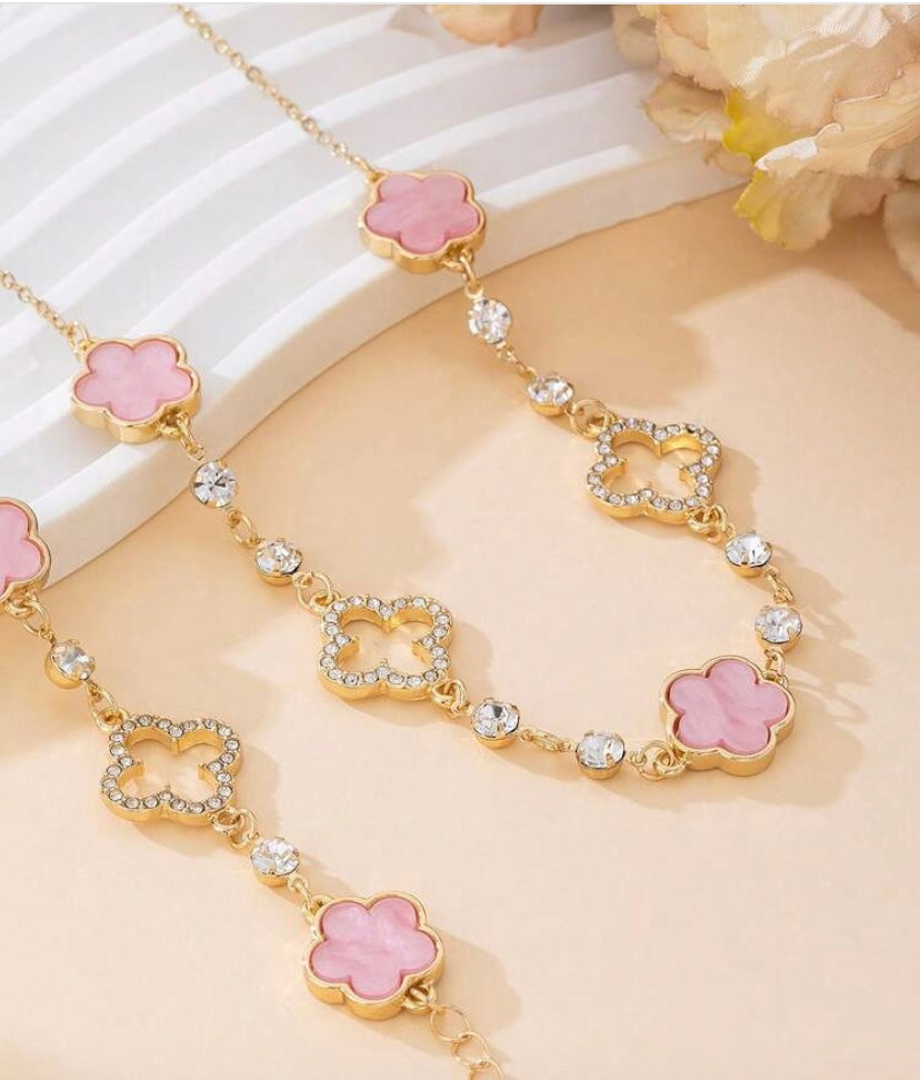 Elegant Sweet Four Leaf Clover Necklace & Bracelet Set Lucky Charm Jewelry Set