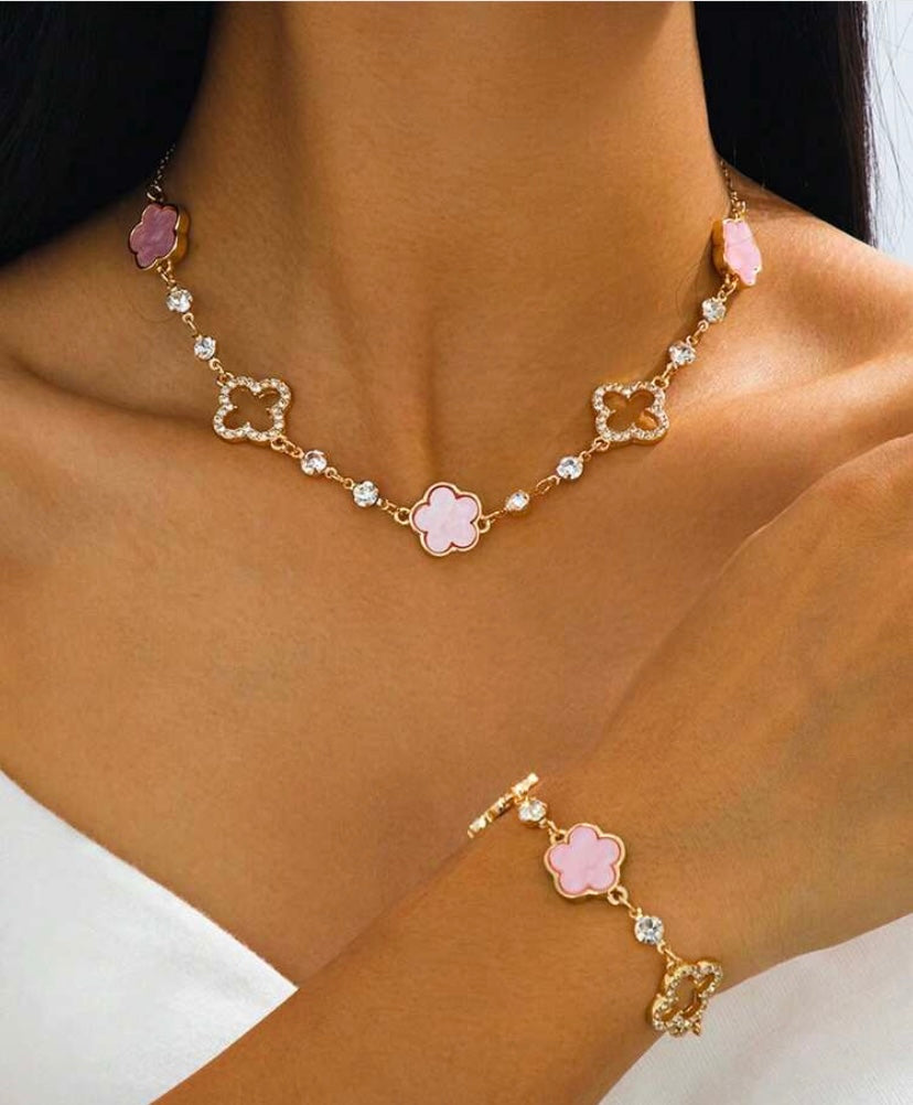 Elegant Sweet Four Leaf Clover Necklace & Bracelet Set Lucky Charm Jewelry Set