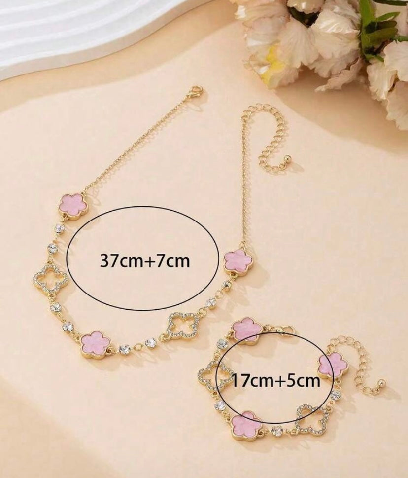 Elegant Sweet Four Leaf Clover Necklace & Bracelet Set Lucky Charm Jewelry Set