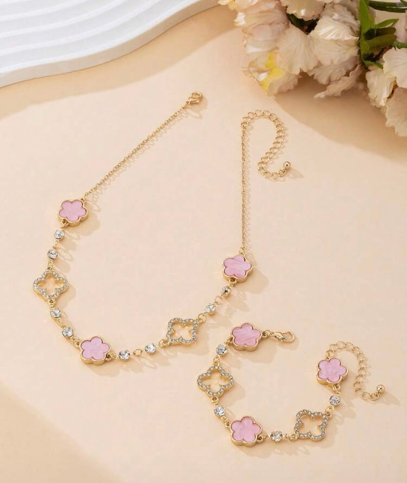Elegant Sweet Four Leaf Clover Necklace & Bracelet Set Lucky Charm Jewelry Set